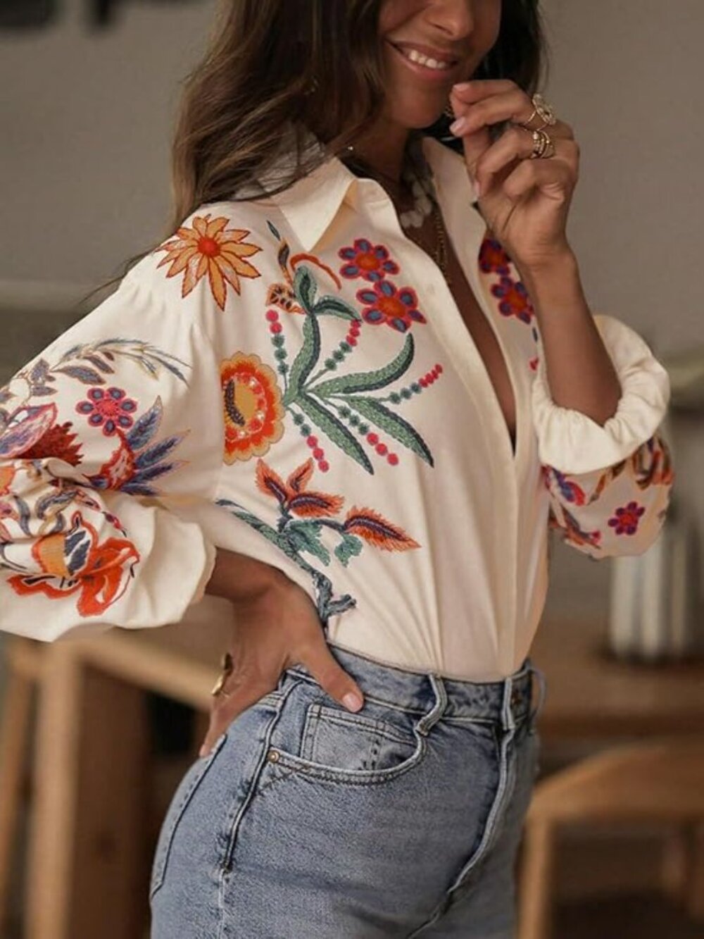Women's Button Down Shirt Lantern Sleeve Tropical Floral Boho Blouse Dressy Top - Picture 2 of 3